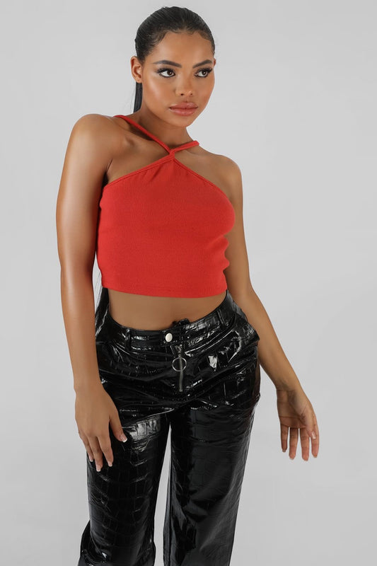 Coral Halter Neck Strappy Crop Top