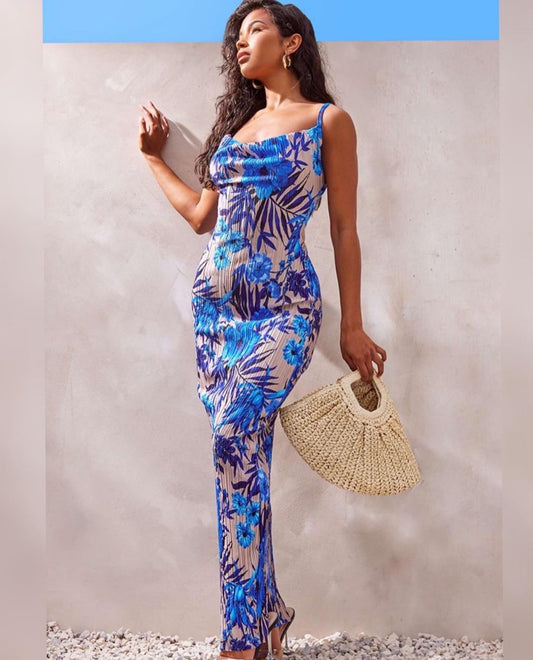 Summer Printed Pleated Maxi Dress