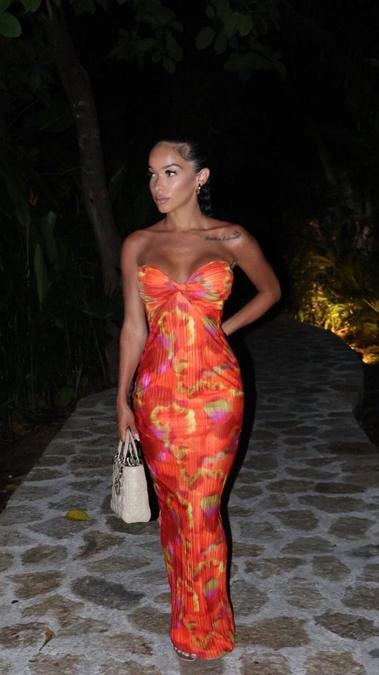 Floral Print Abstract Bandeau Long dress