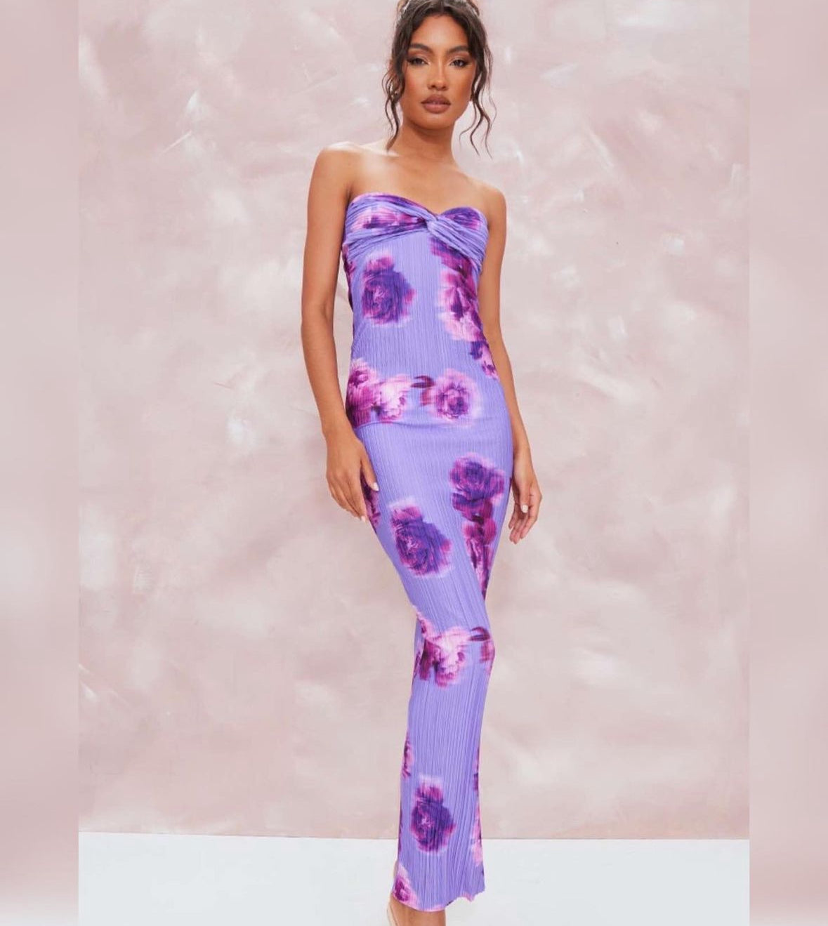 Purple Print Strapless Backless Wrap Waist Long Dress