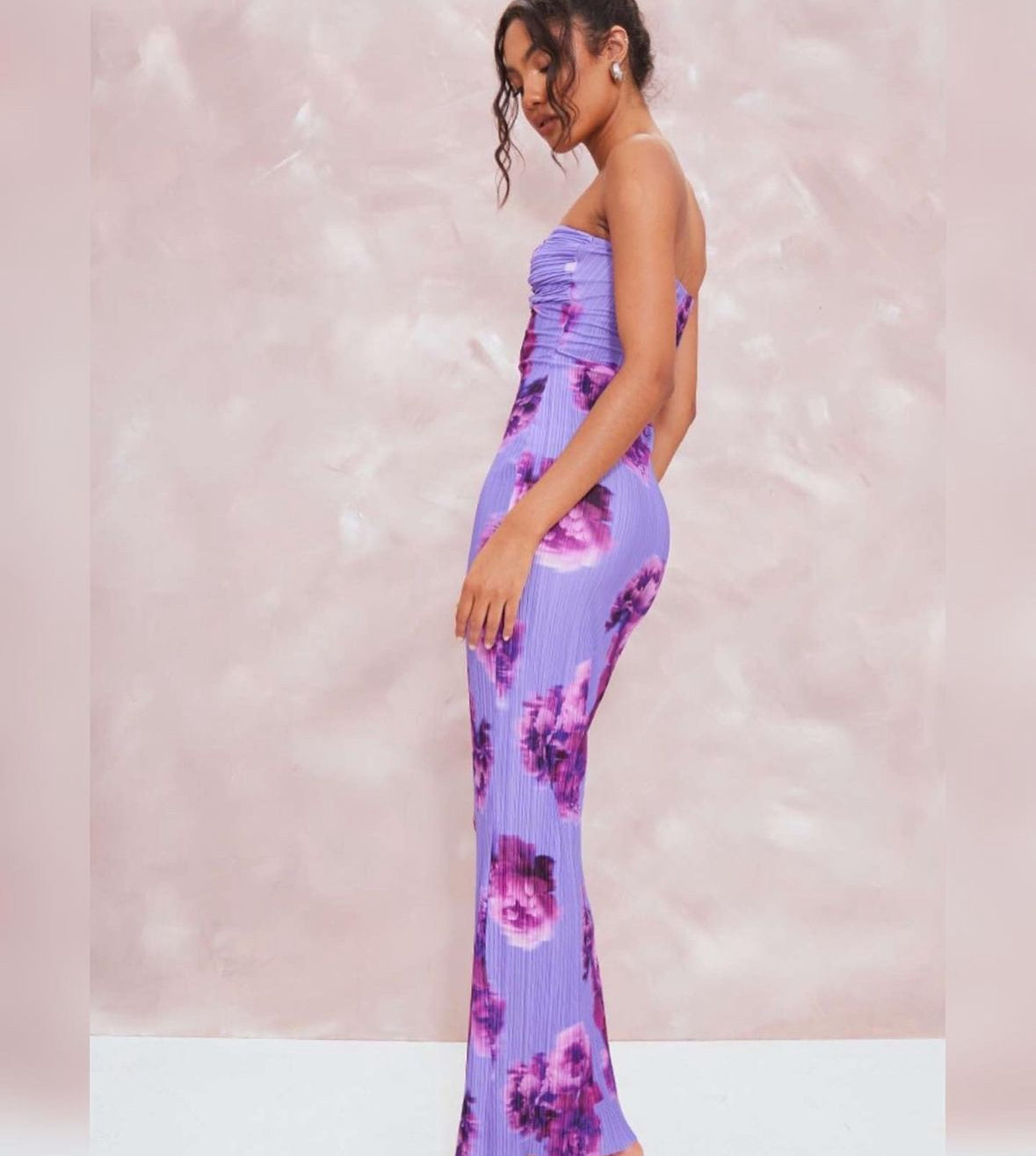 Purple Print Strapless Backless Wrap Waist Long Dress