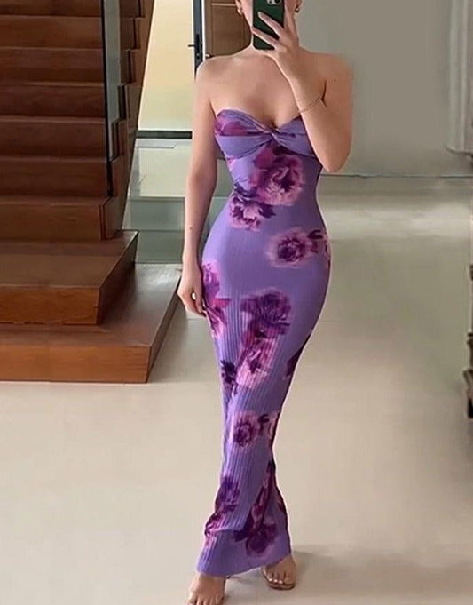 Purple Print Strapless Backless Wrap Waist Long Dress