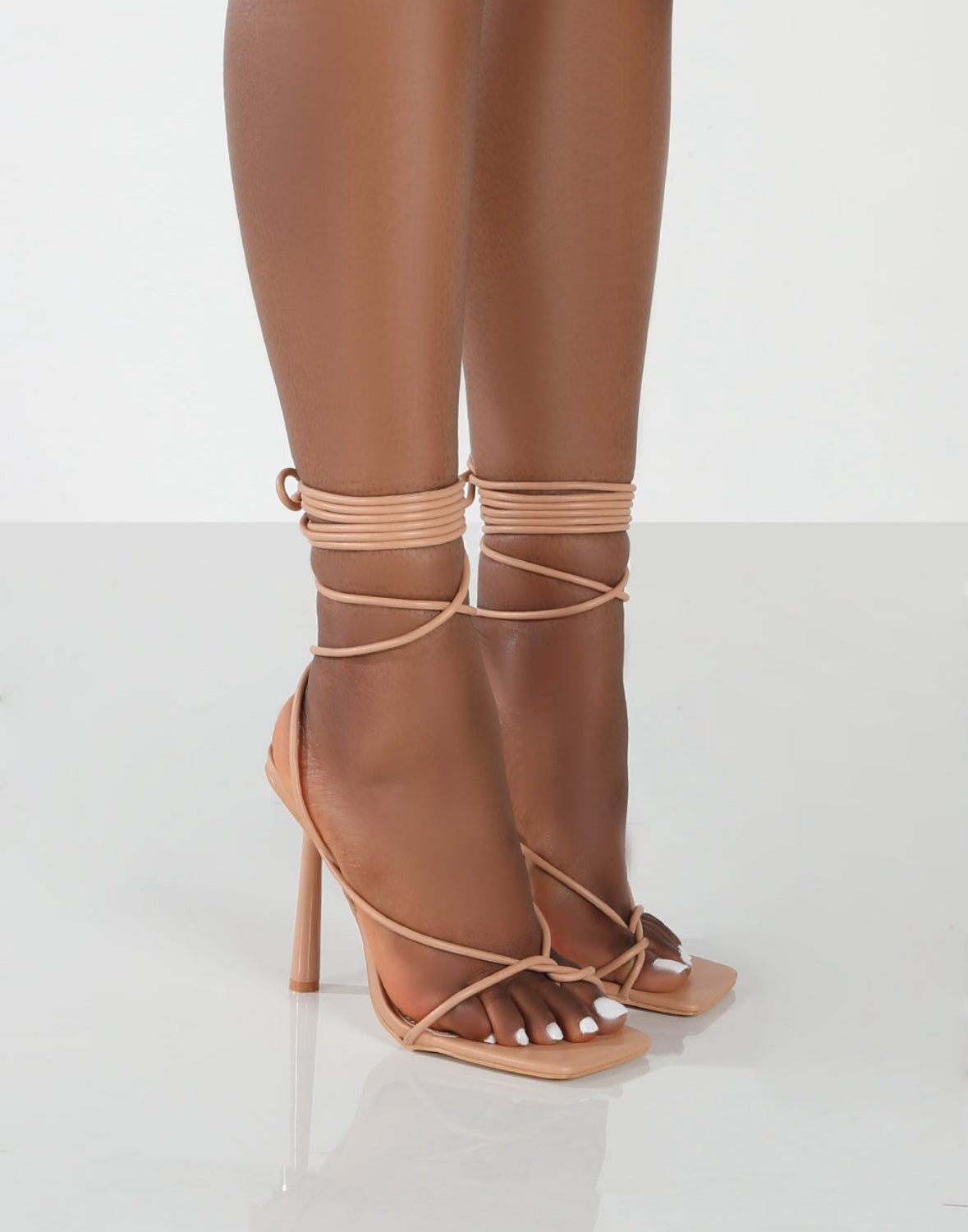 Lacey Nude PU Square Toe Strappy Lace Up Stiletto Heels