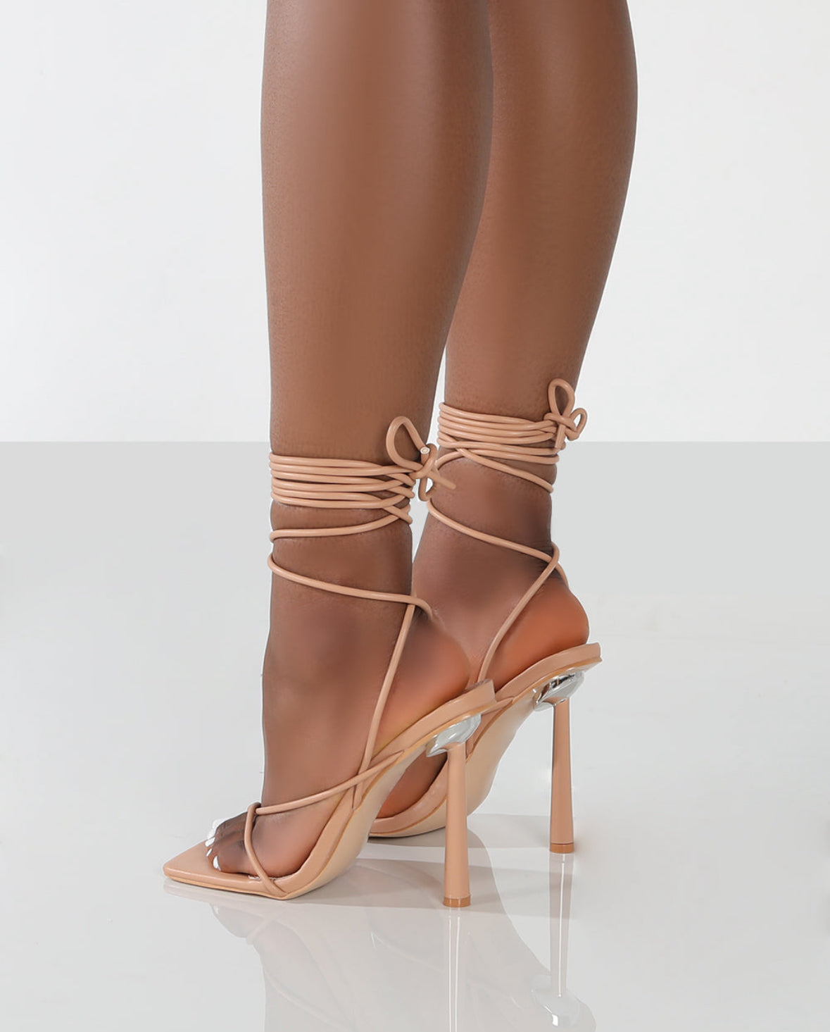 Lacey Nude PU Square Toe Strappy Lace Up Stiletto Heels