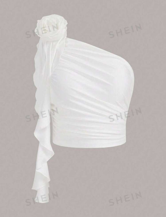One Shoulder 3D Rosette Decor Ruched Top